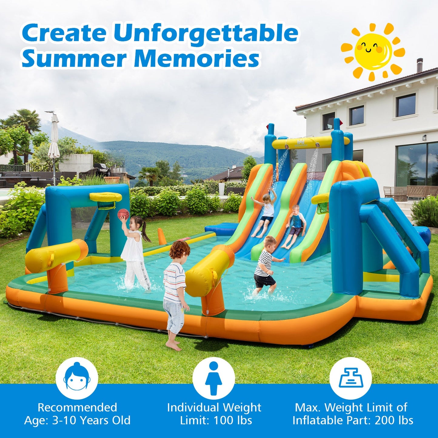 Kids Inflatable Water Slide with 2 Long Slides and 2 Soccer Gates with 950W Blower