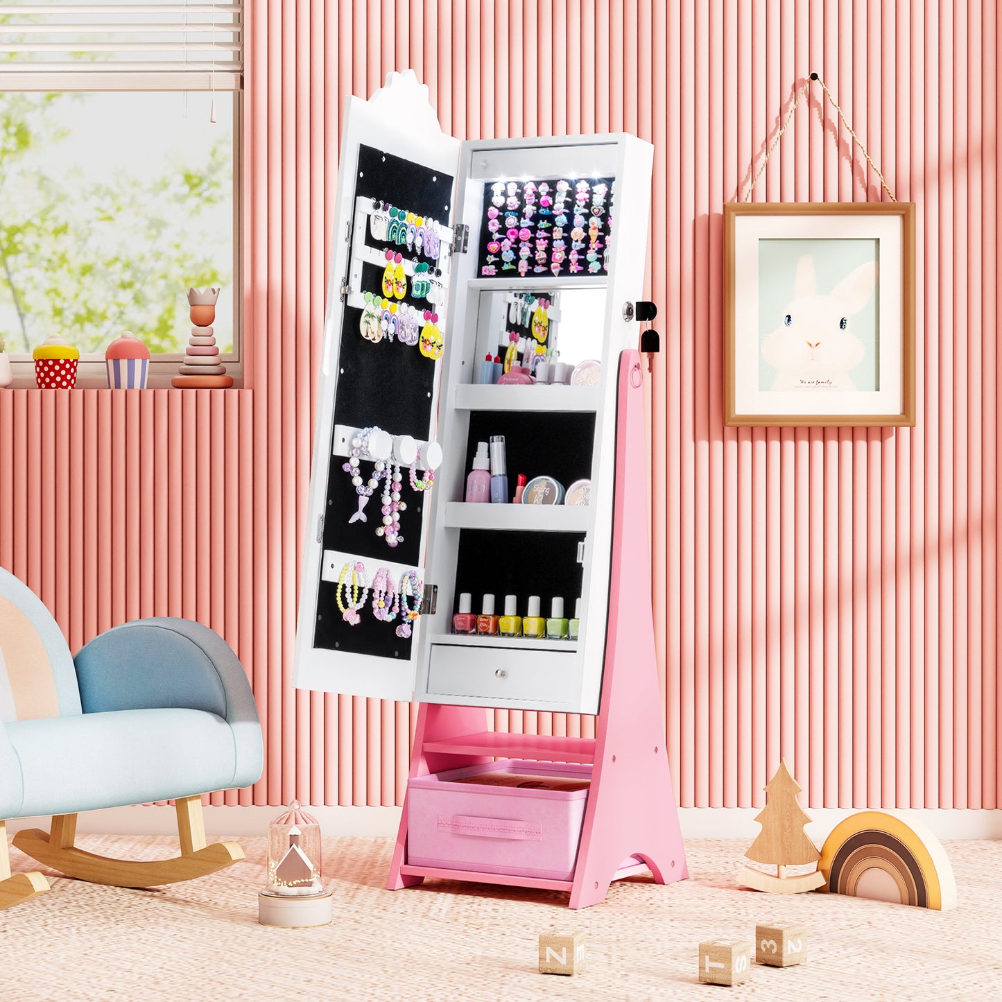 Kids Jewelry Armoire with Lighted Mirror and Storage