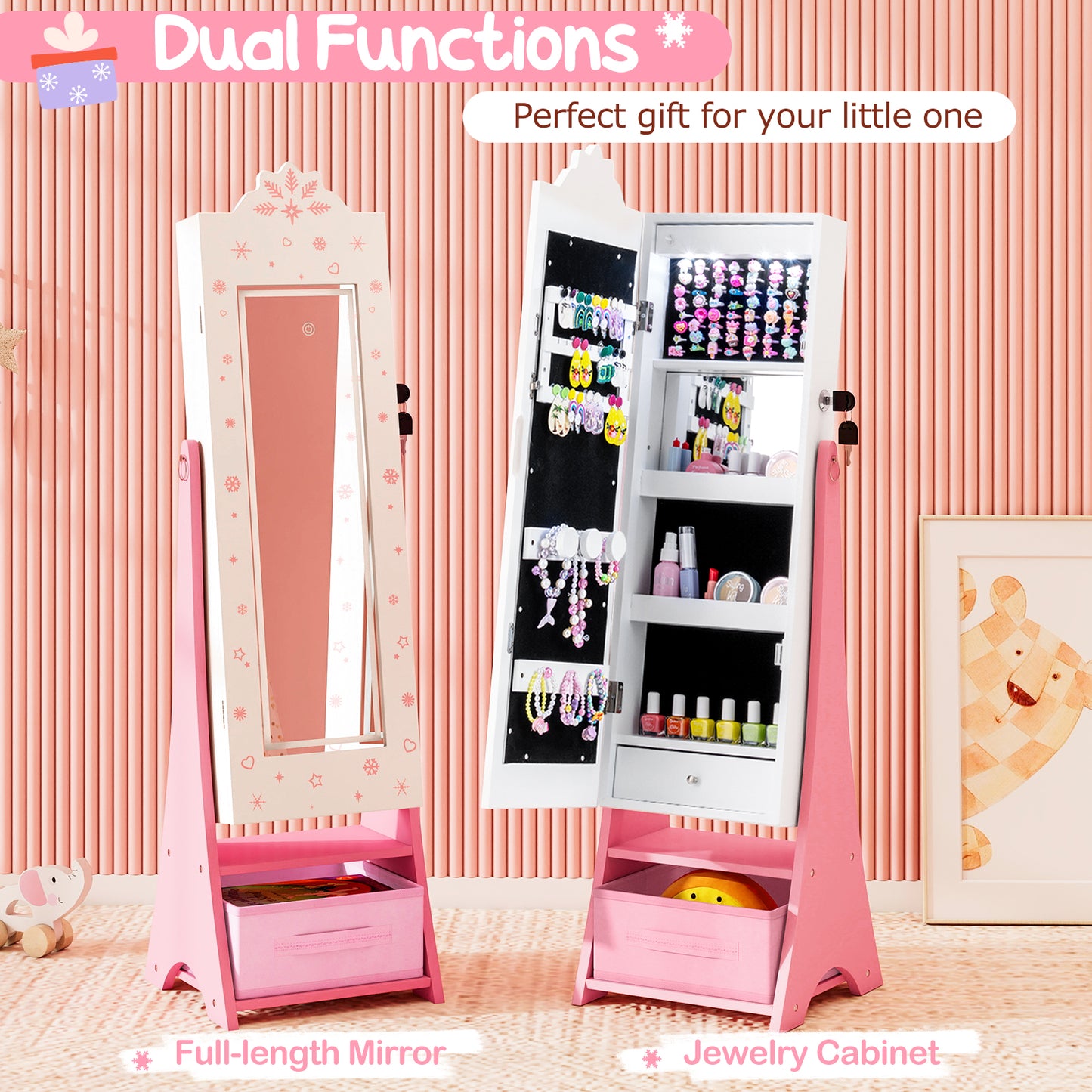 Kids Jewelry Armoire with Lighted Mirror and Storage