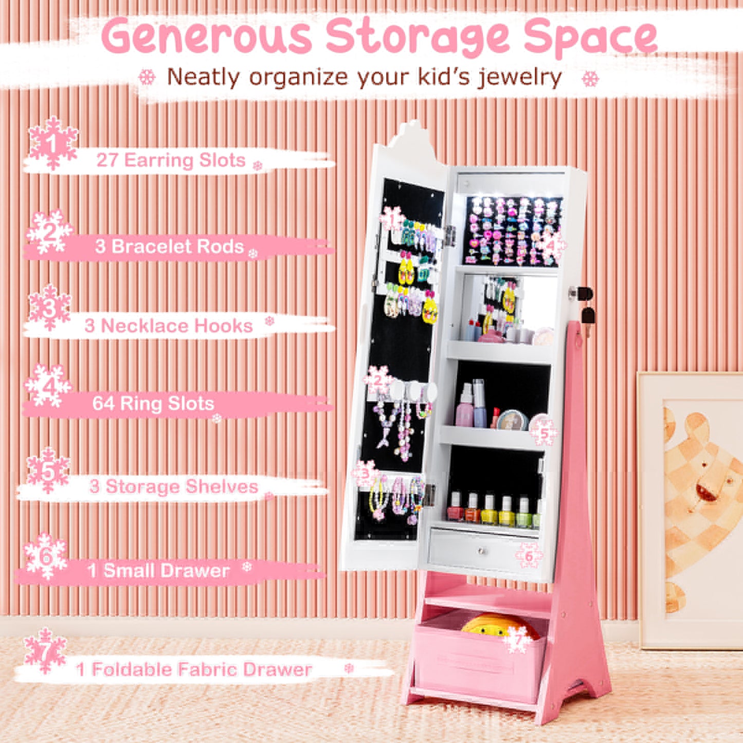 Kids Jewelry Armoire with Lighted Mirror and Storage