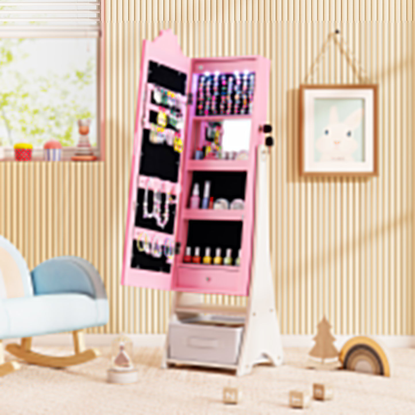 Kids Jewelry Armoire with Lighted Mirror and Storage