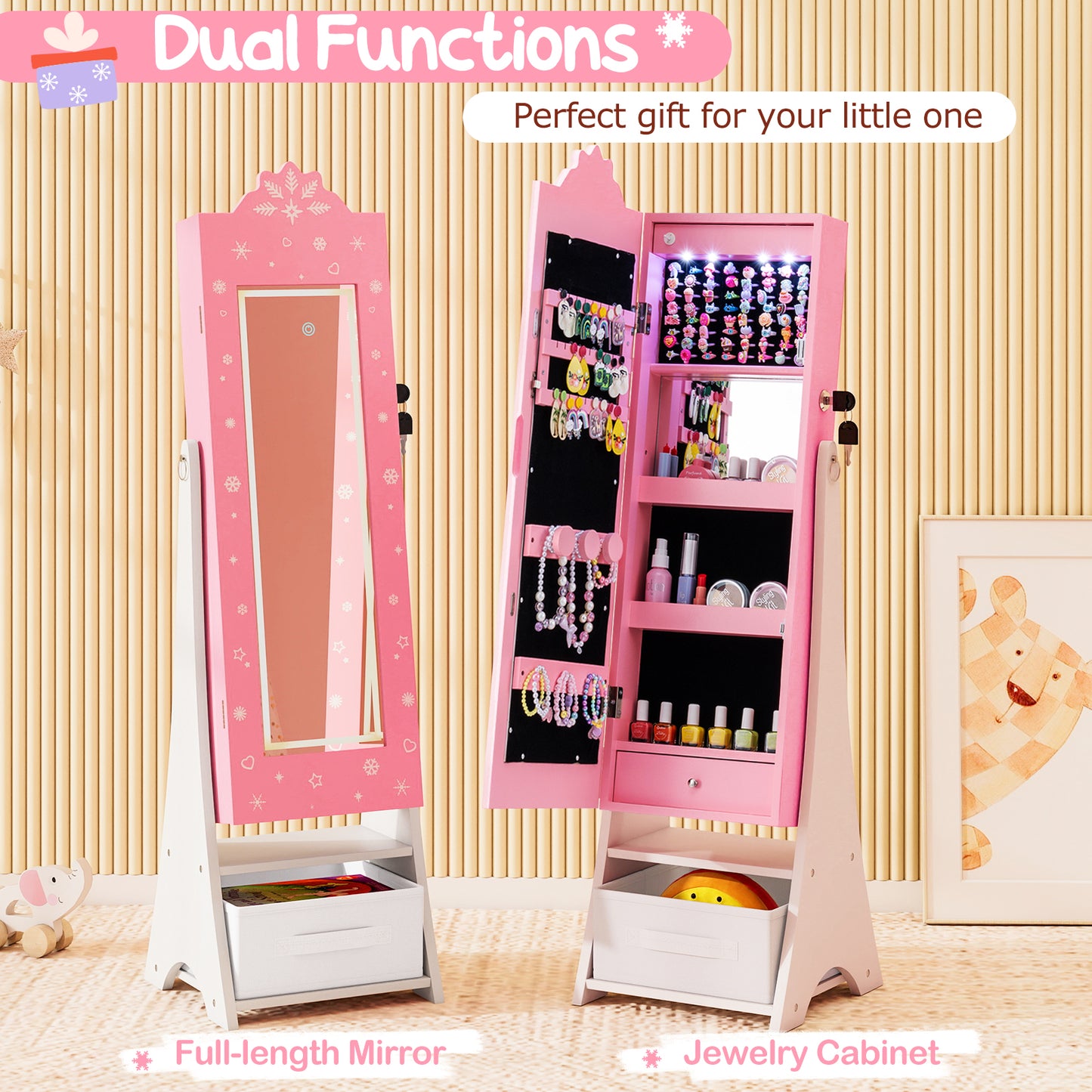 Kids Jewelry Armoire with Lighted Mirror and Storage