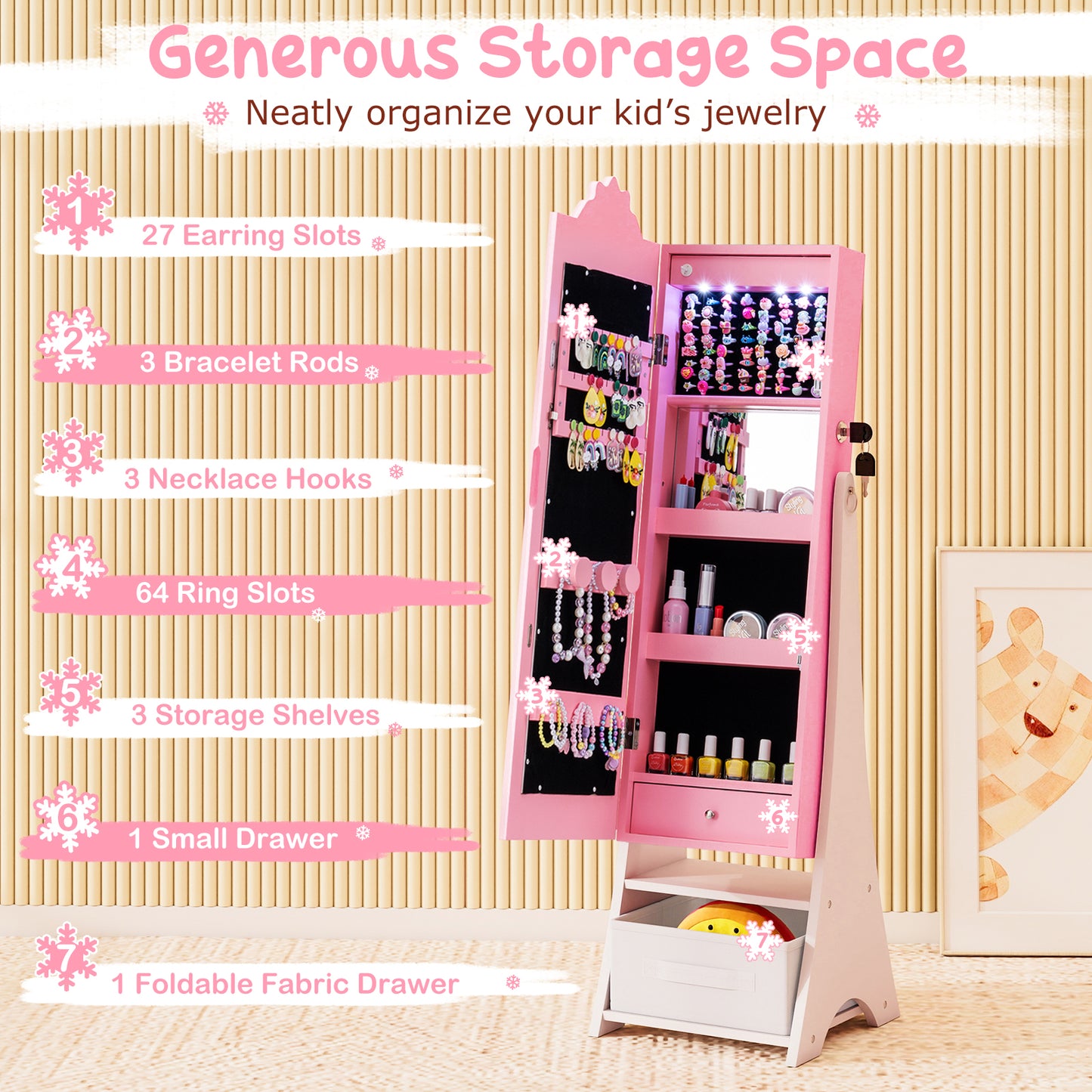 Kids Jewelry Armoire with Lighted Mirror and Storage