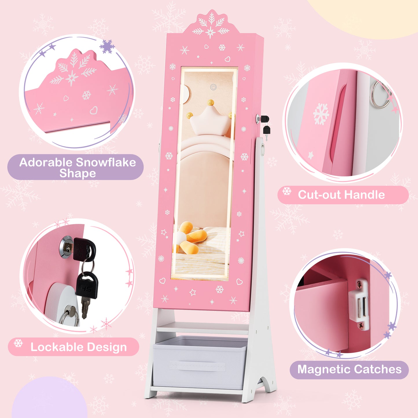 Kids Jewelry Armoire with Lighted Mirror and Storage