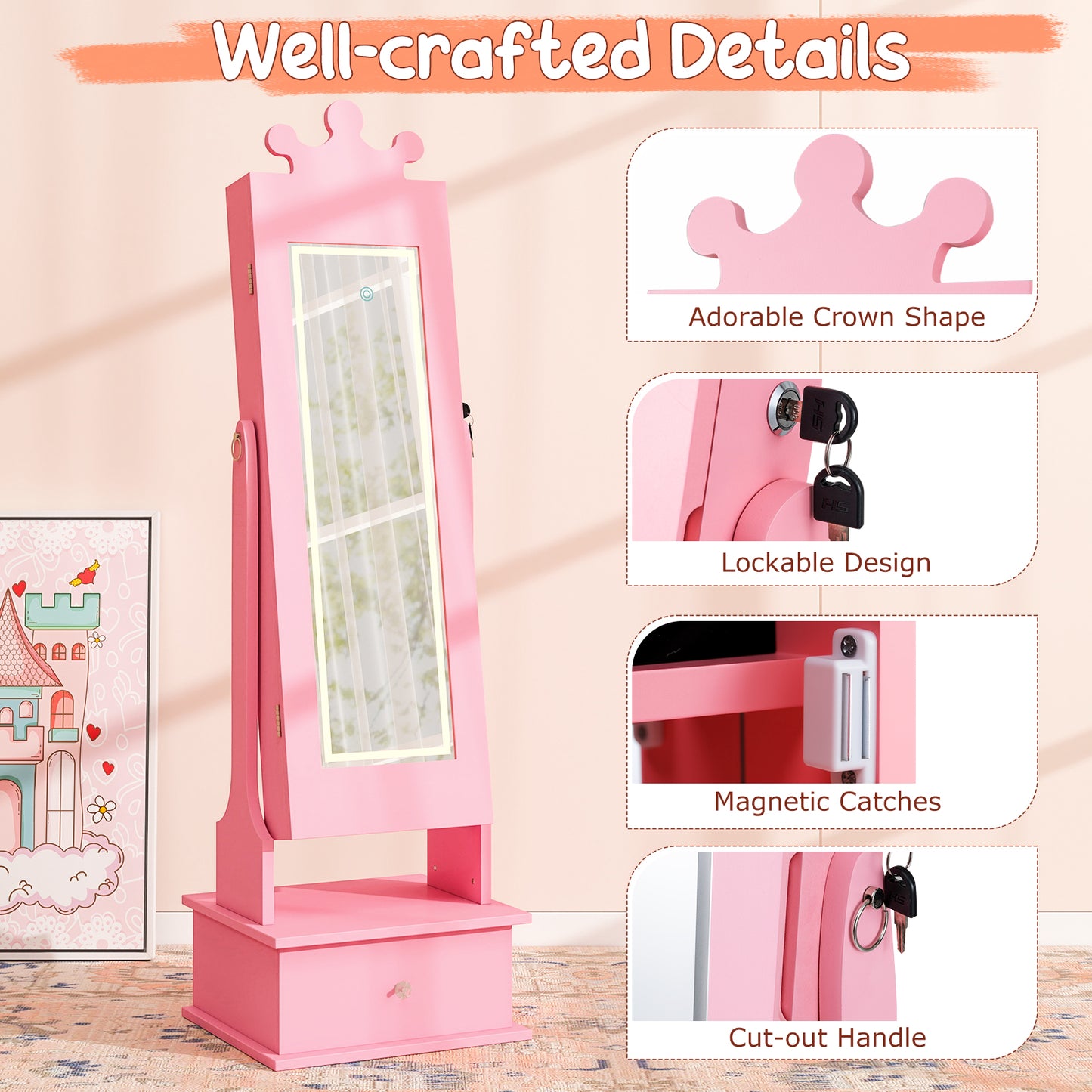 Kids Jewelry Armoire with Lighted Mirror - 45" Tall