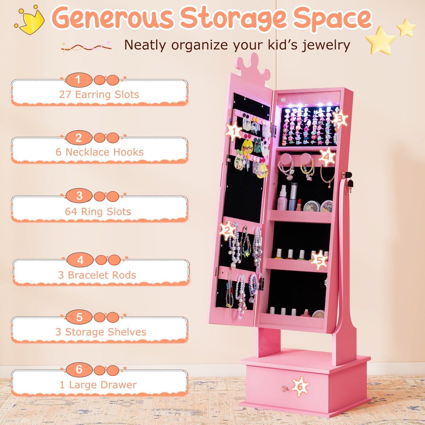 Kids Jewelry Armoire with Lighted Mirror - 45" Tall
