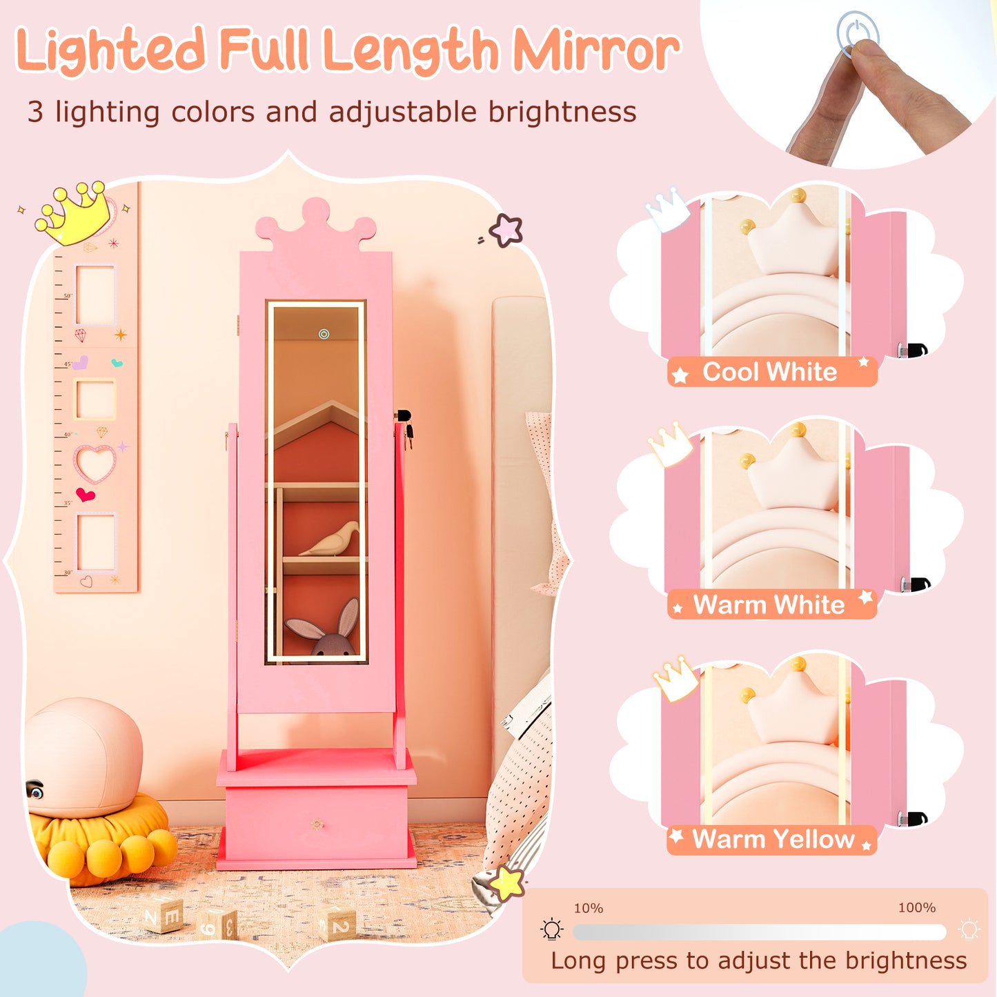 Kids Jewelry Armoire with Lighted Mirror - 45" Tall