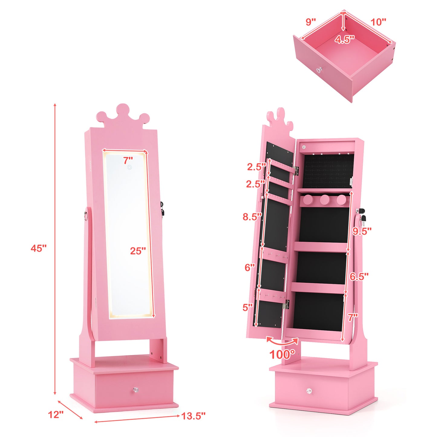 Kids Jewelry Armoire with Lighted Mirror - 45" Tall