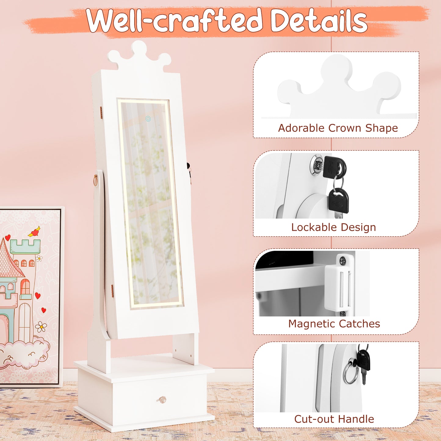Kids Jewelry Armoire with Lighted Mirror - 45" Tall