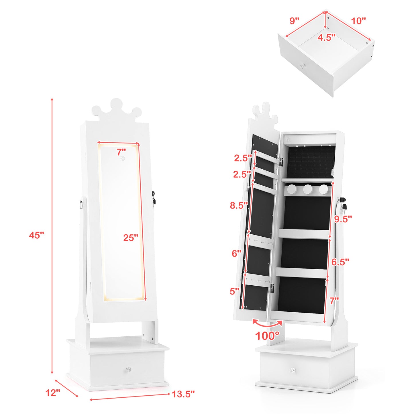 Kids Jewelry Armoire with Lighted Mirror - 45" Tall