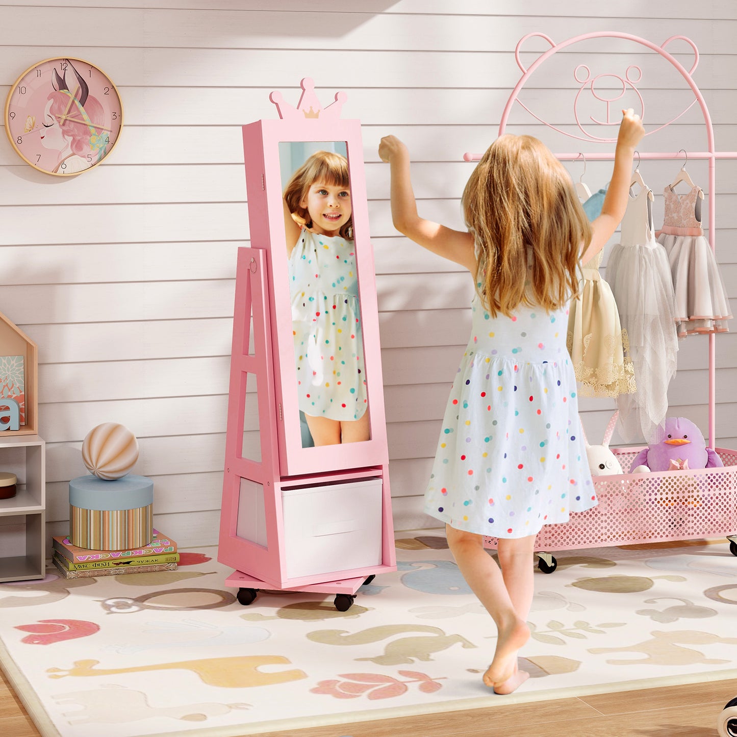 Kids Jewelry Armoire with Mirror and Swivel Base
