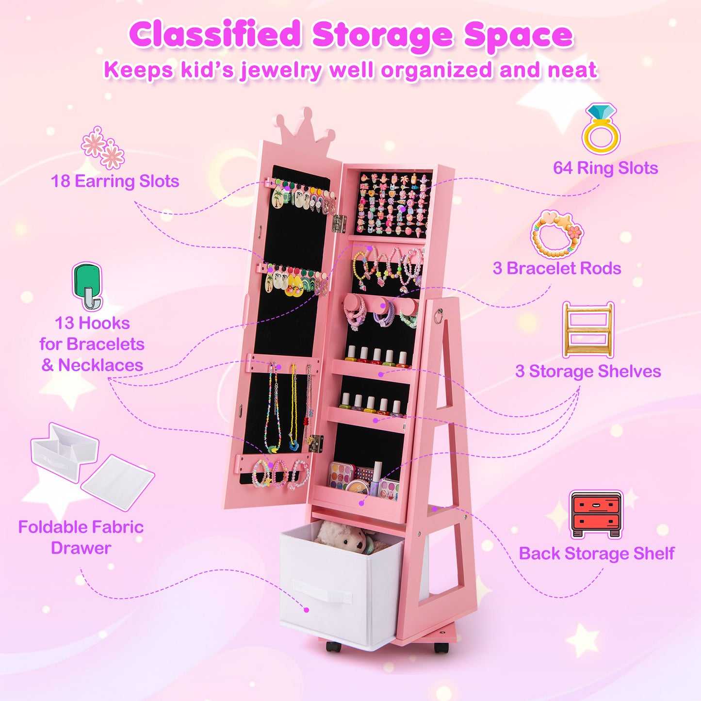 Kids Jewelry Armoire with Mirror and Swivel Base
