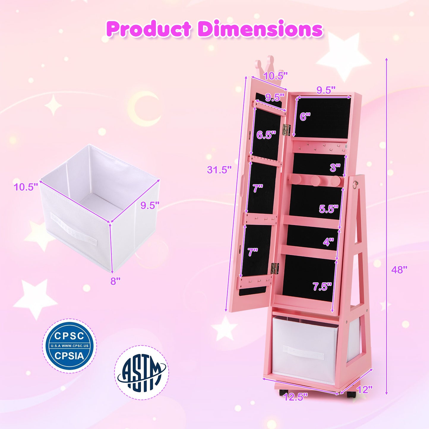 Kids Jewelry Armoire with Mirror and Swivel Base