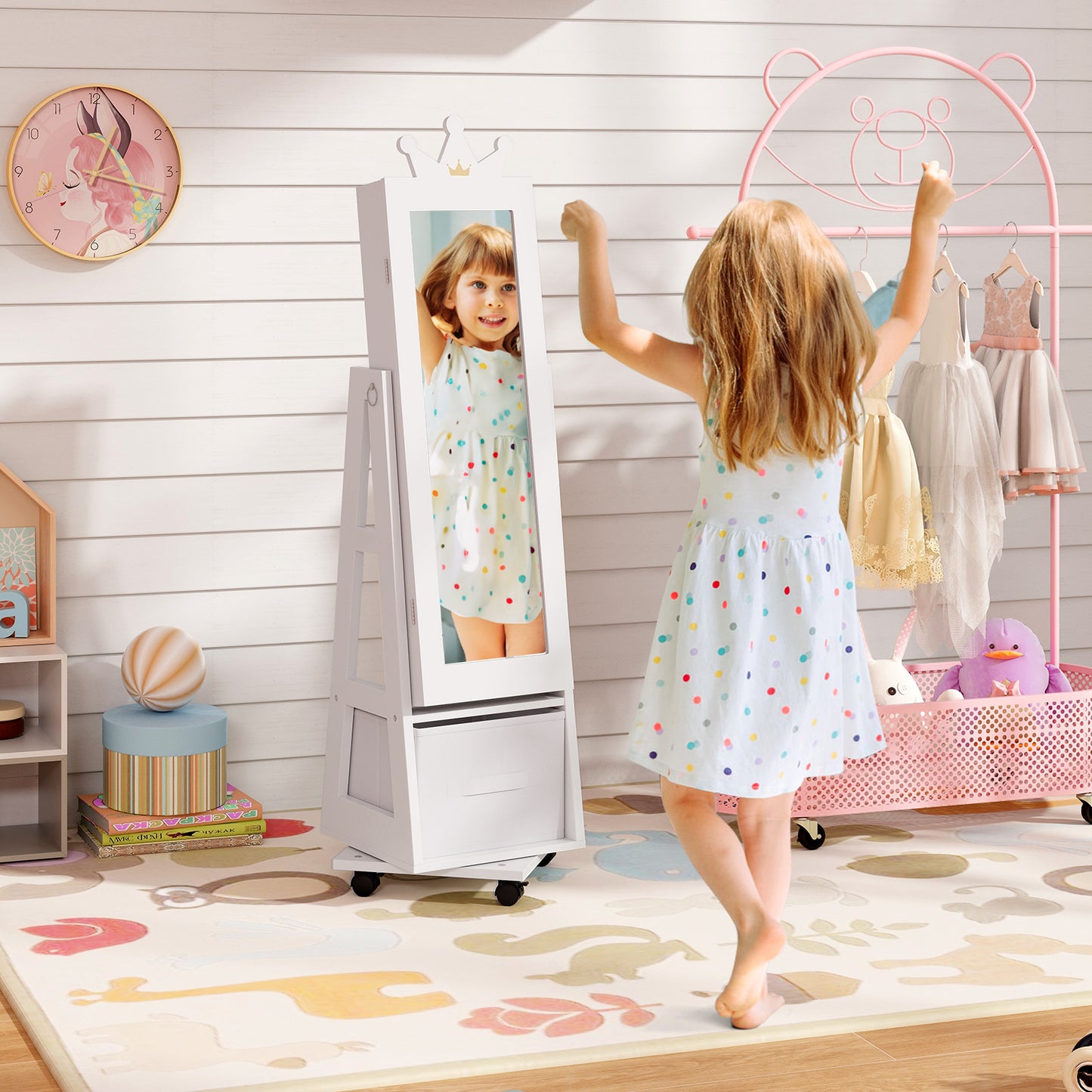Kids Jewelry Armoire with Mirror and Swivel Base