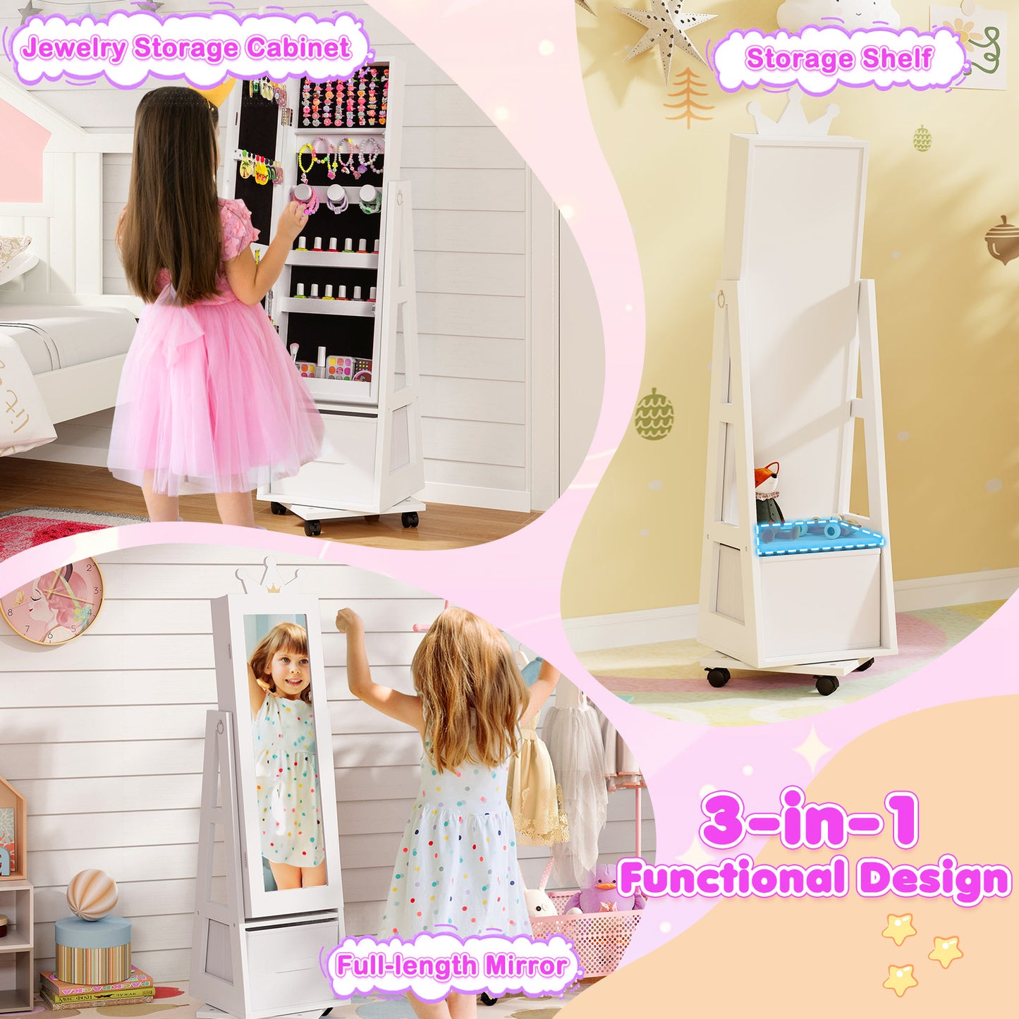 Kids Jewelry Armoire with Mirror and Swivel Base