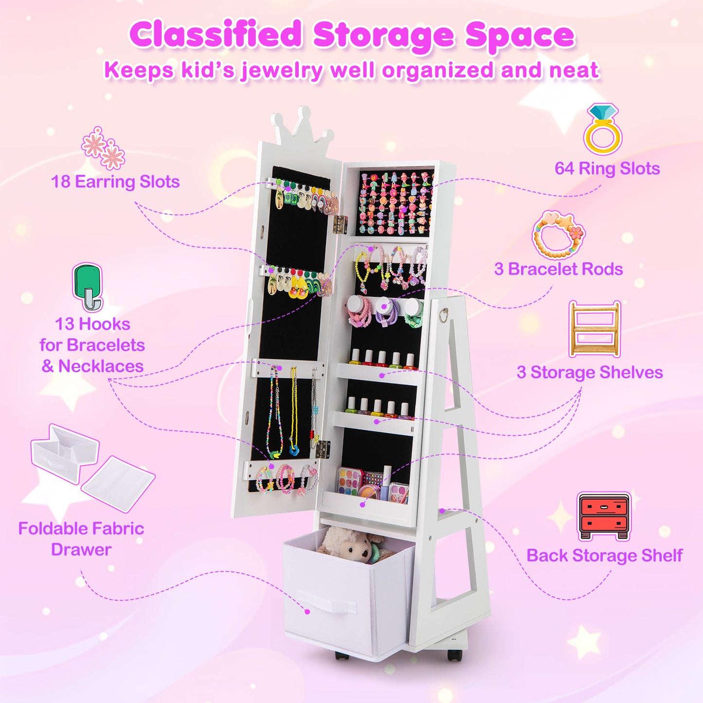 Kids Jewelry Armoire with Mirror and Swivel Base