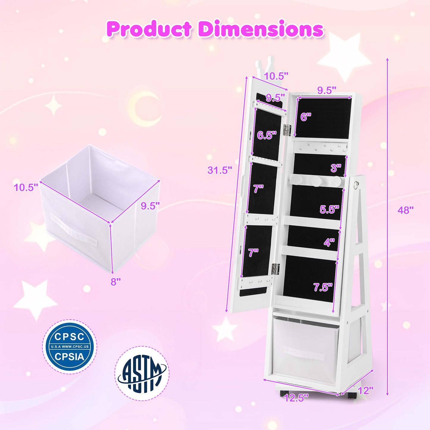 Kids Jewelry Armoire with Mirror and Swivel Base