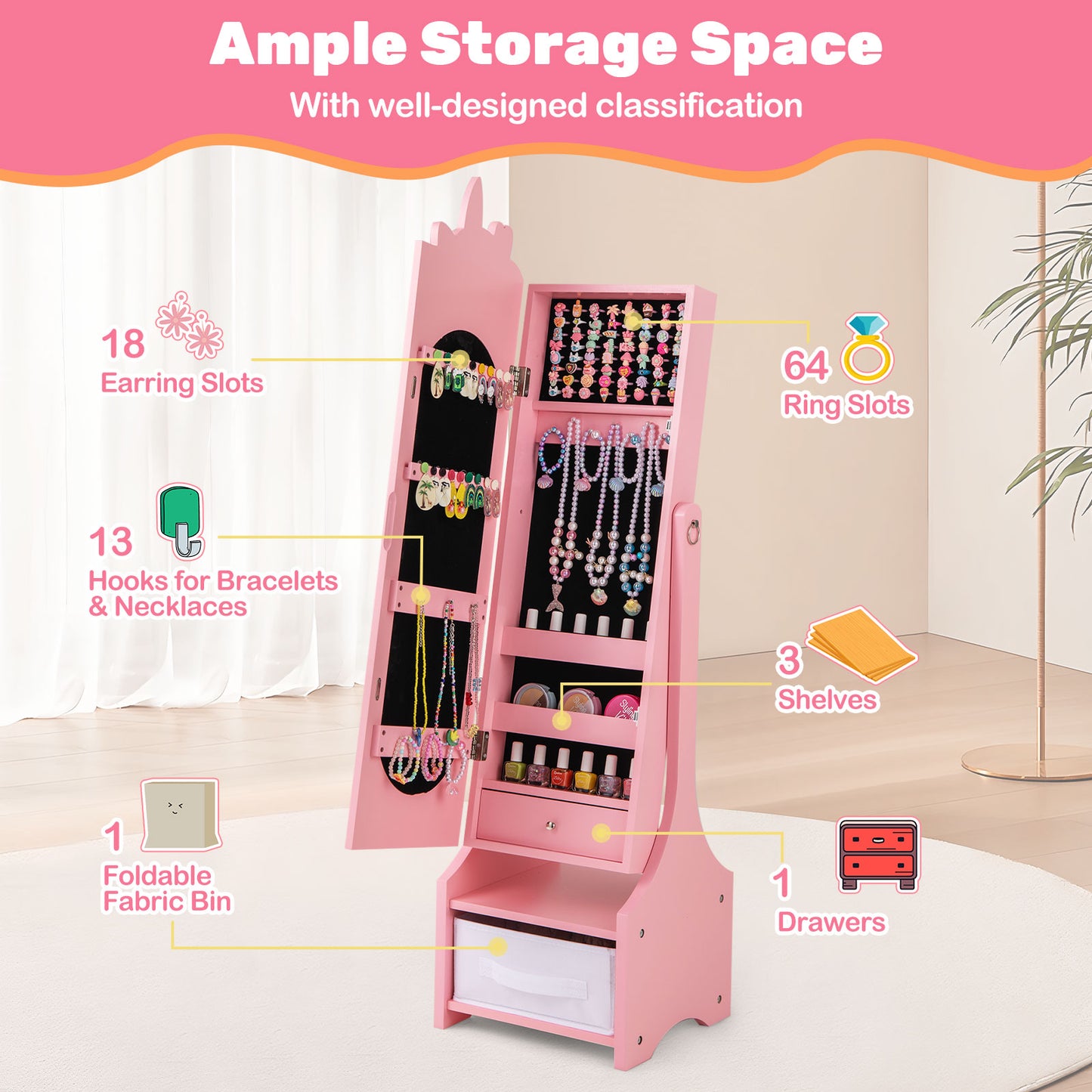 Kids Jewelry Armoire Cabinet with Full-Length Mirror