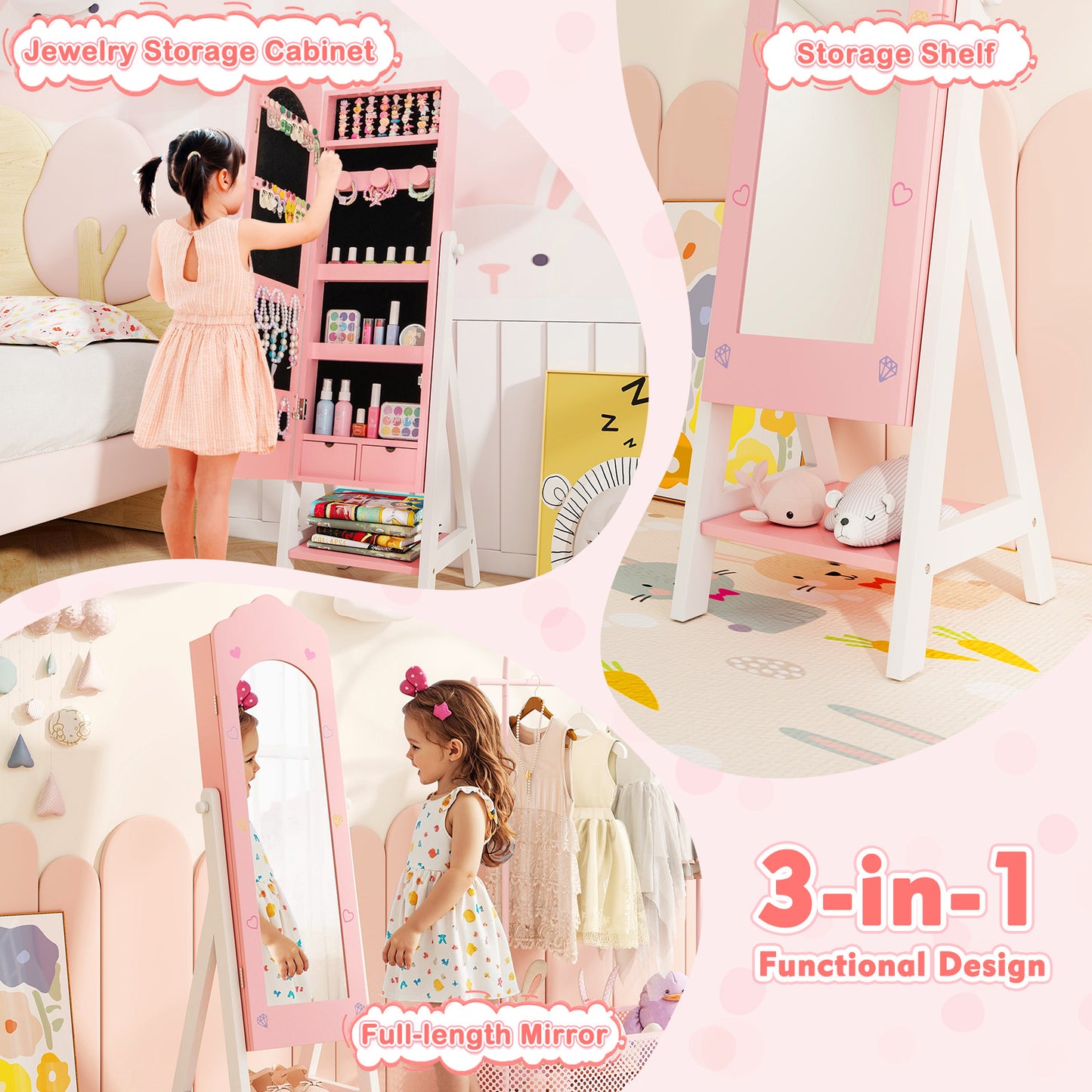 Kids Jewelry Organizer with Full Length Mirror and Drawers