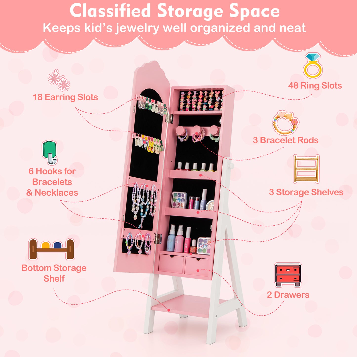 Kids Jewelry Organizer with Full Length Mirror and Drawers
