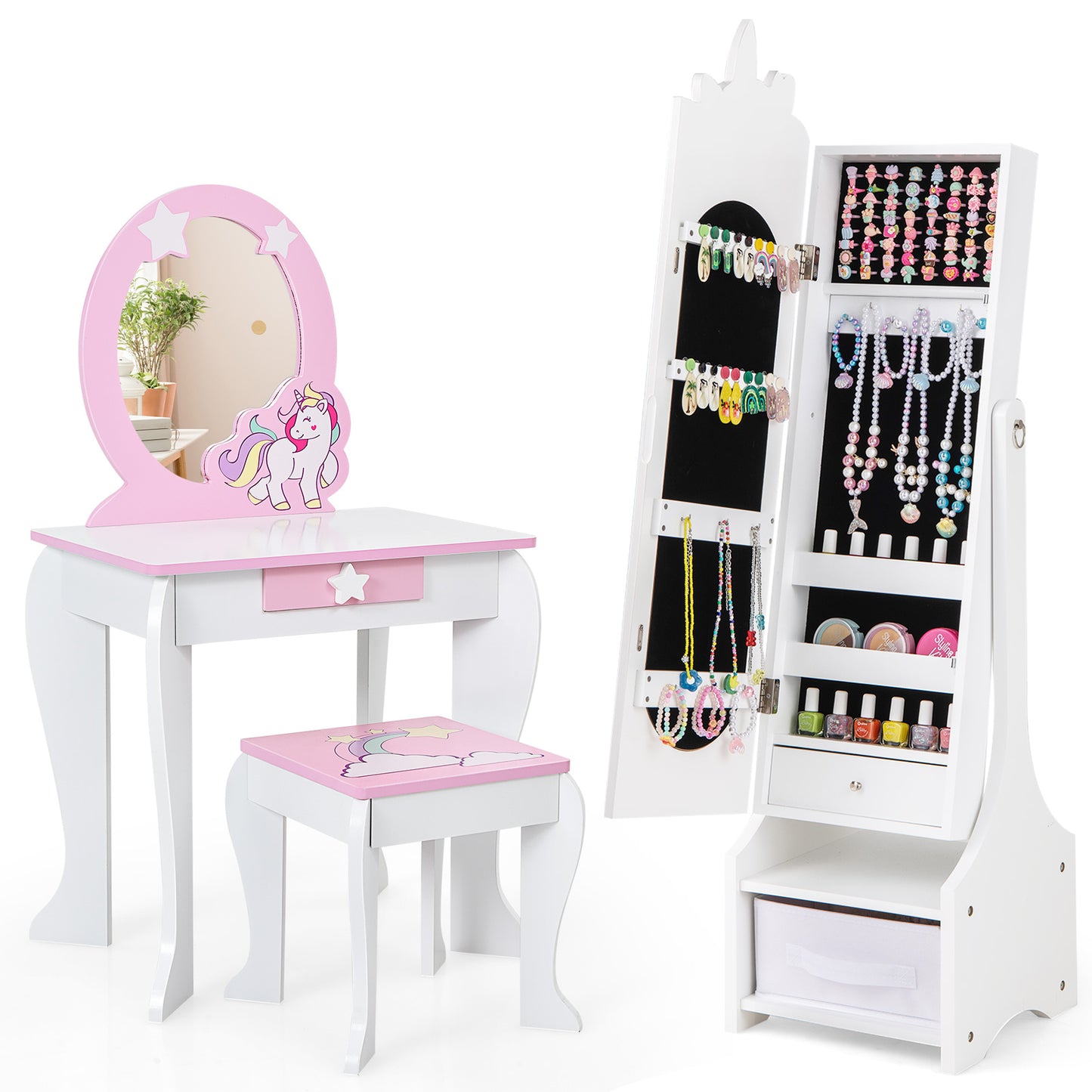 Kids Jewelry Armoire Cabinet with Full-Length Mirror