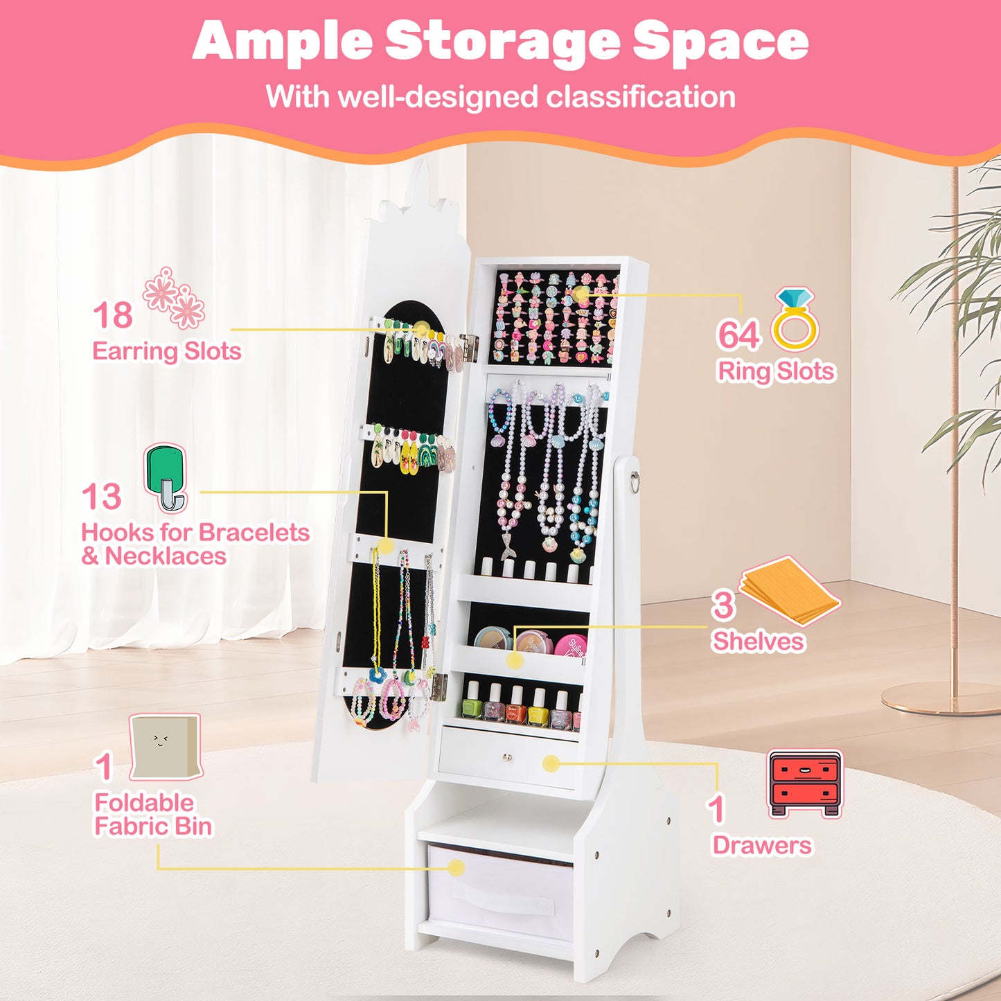 Kids Jewelry Armoire Cabinet with Full-Length Mirror