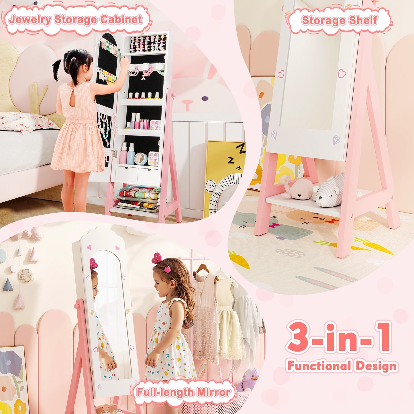 Kids Jewelry Organizer with Full Length Mirror and Drawers