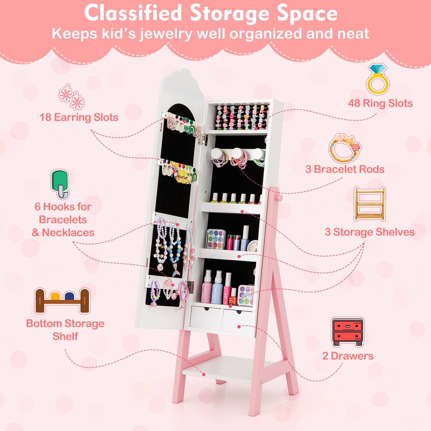 Kids Jewelry Organizer with Full Length Mirror and Drawers