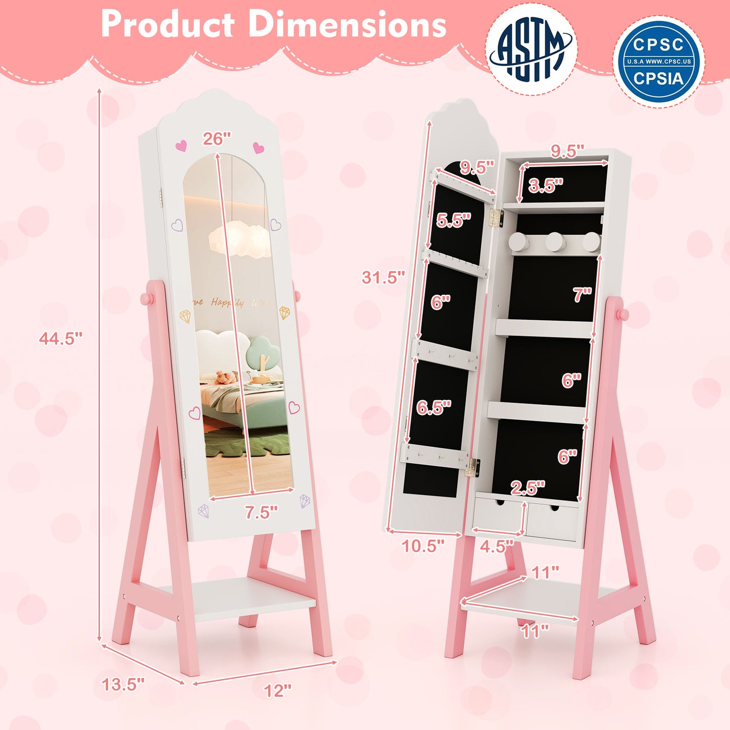 Kids Jewelry Organizer with Full Length Mirror and Drawers