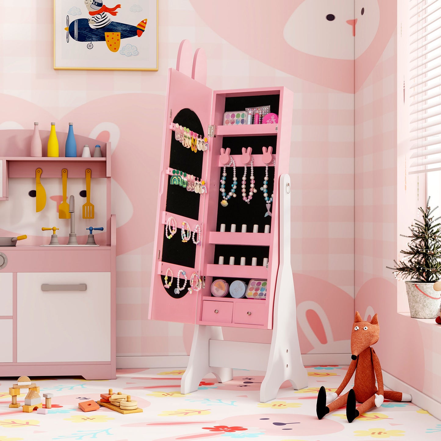 Kids Jewelry Armoire with Full-Length Mirror and 2 Drawers