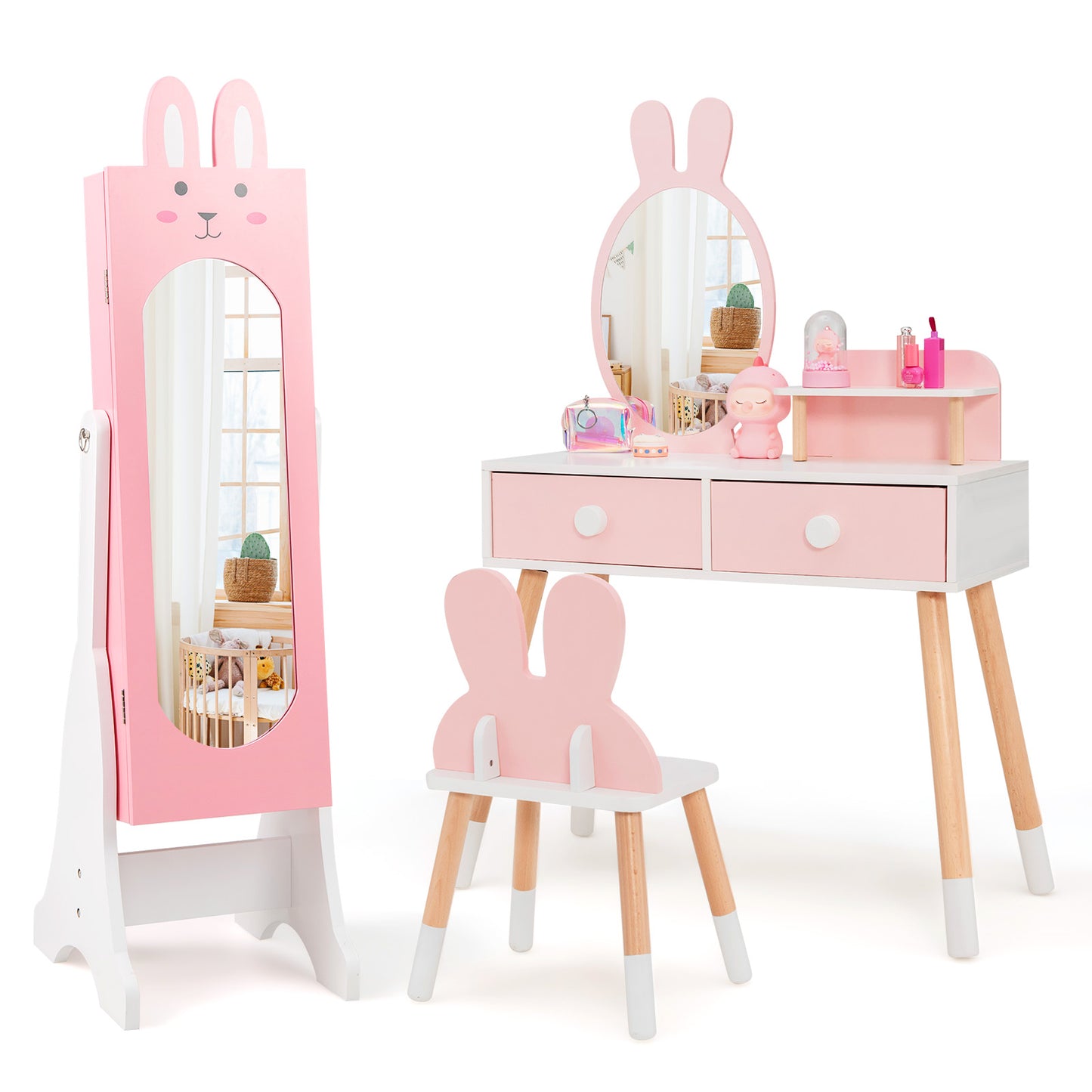 Kids Jewelry Armoire with Full-Length Mirror and 2 Drawers