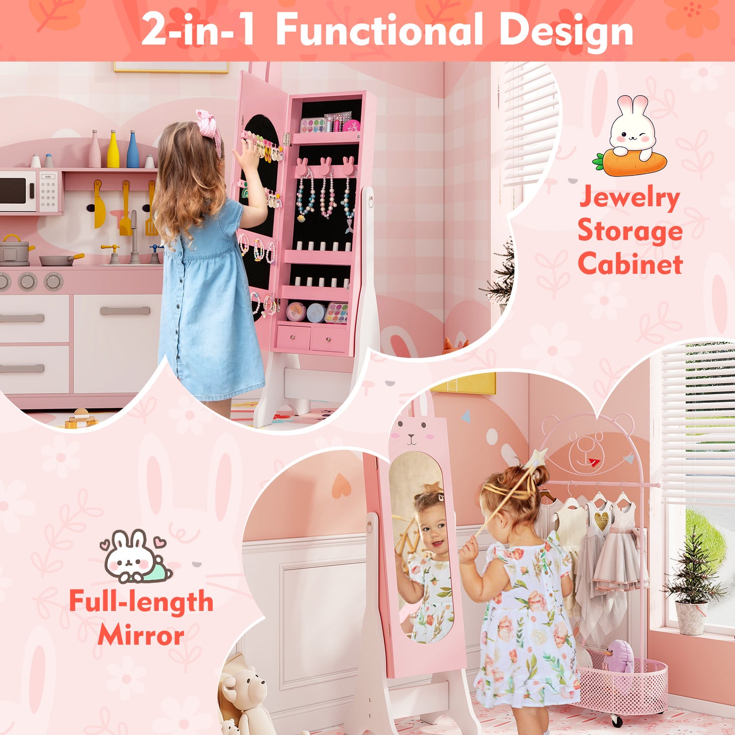 Kids Jewelry Armoire with Full-Length Mirror and 2 Drawers