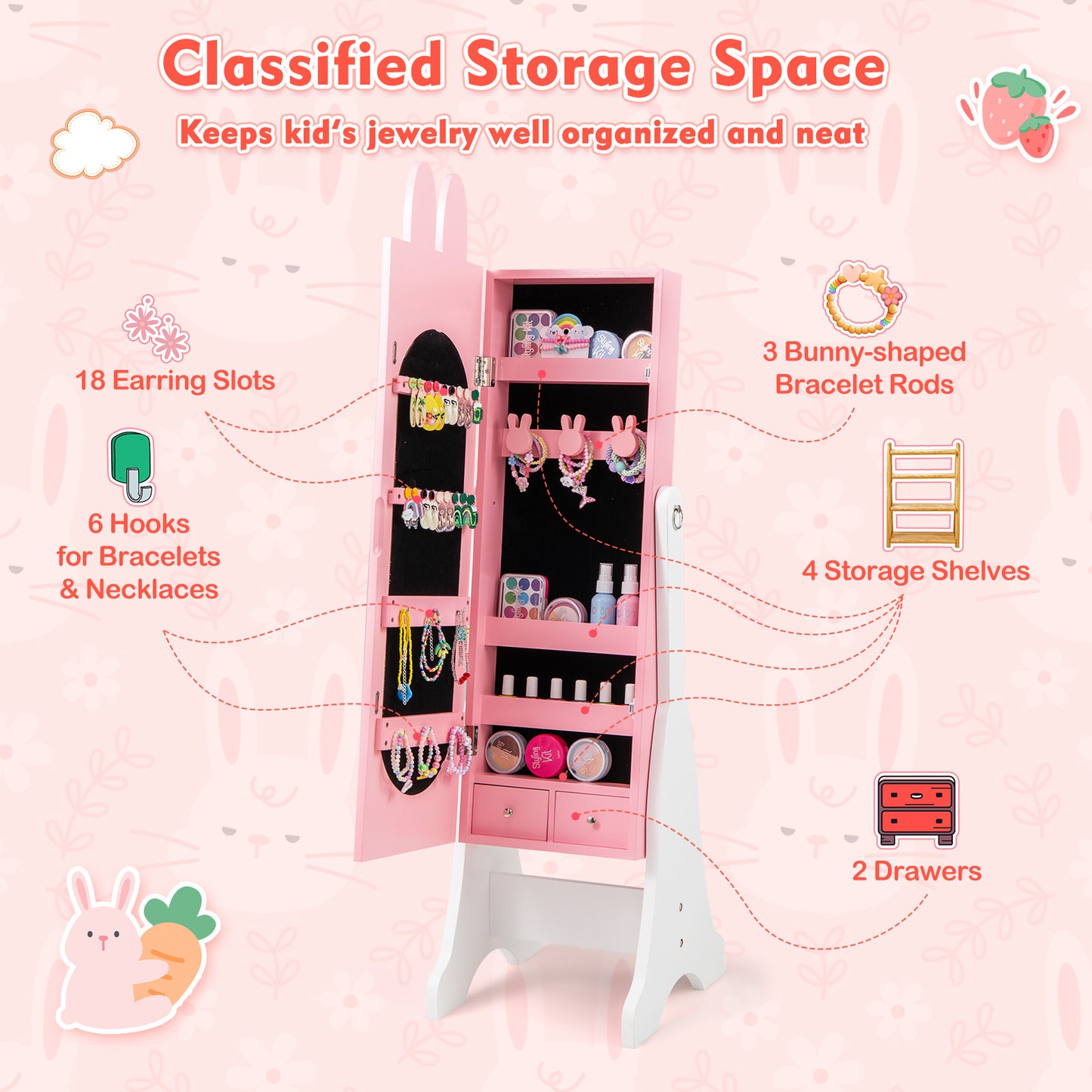 Kids Jewelry Armoire with Full-Length Mirror and 2 Drawers