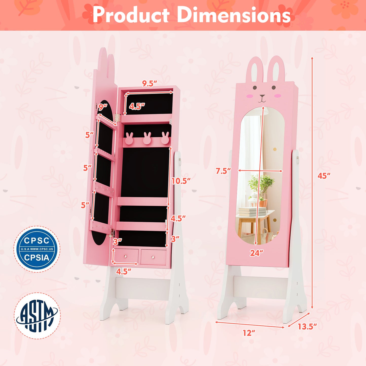 Kids Jewelry Armoire with Full-Length Mirror and 2 Drawers