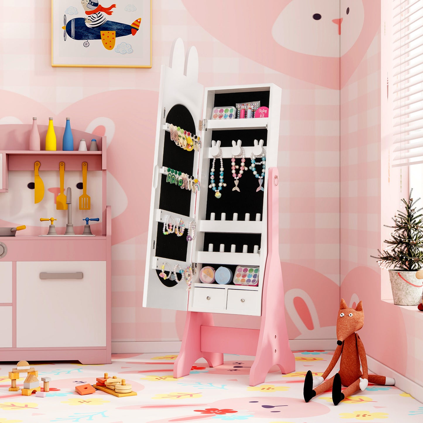 Kids Jewelry Armoire with Full-Length Mirror and 2 Drawers