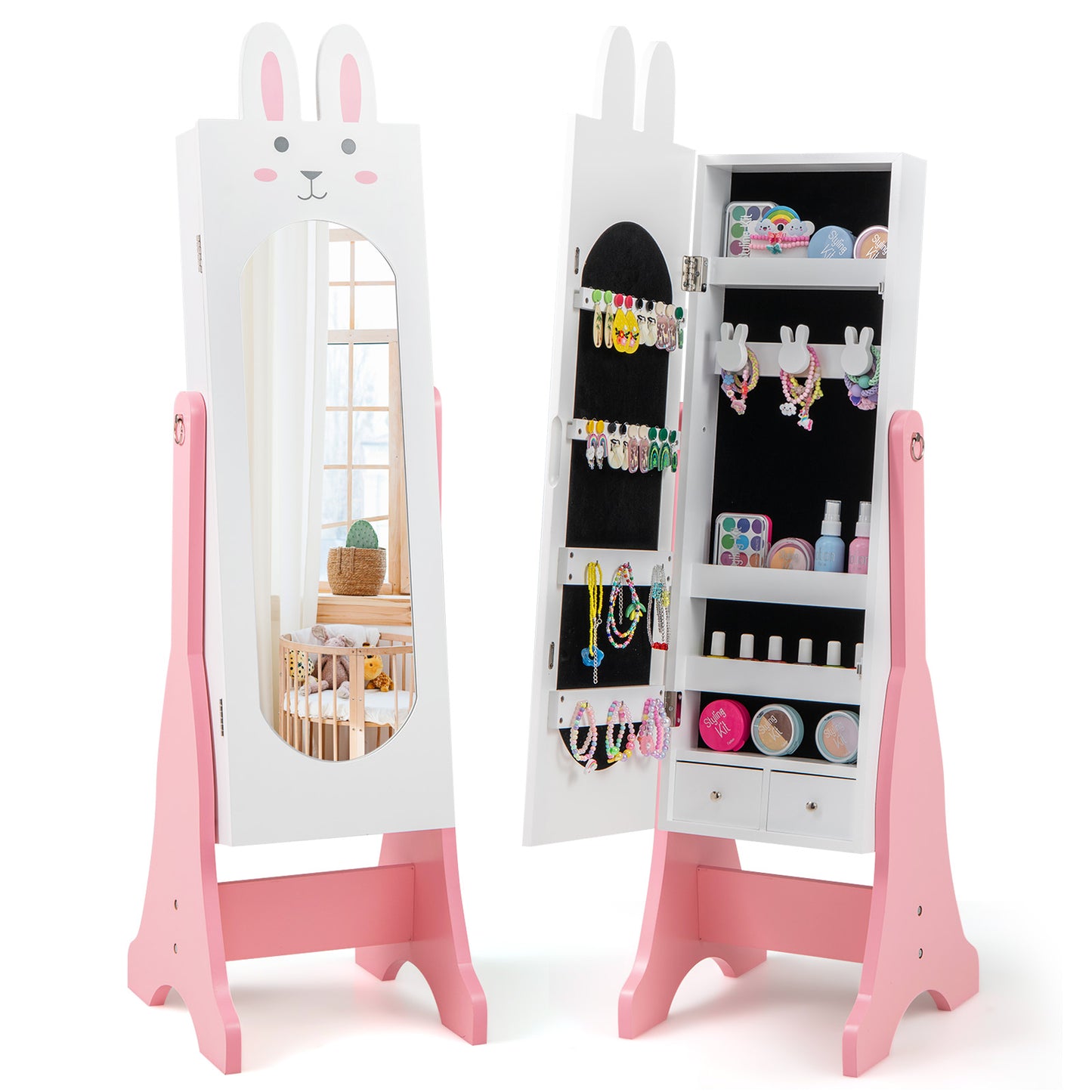 Kids Jewelry Armoire with Full-Length Mirror and 2 Drawers