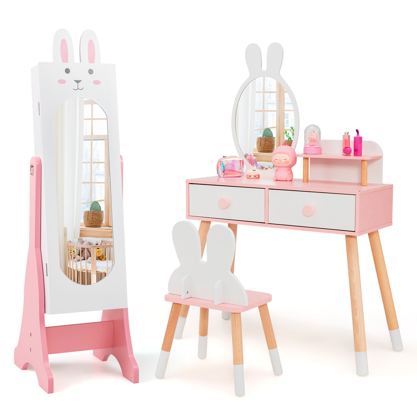 Kids Jewelry Armoire with Full-Length Mirror and 2 Drawers