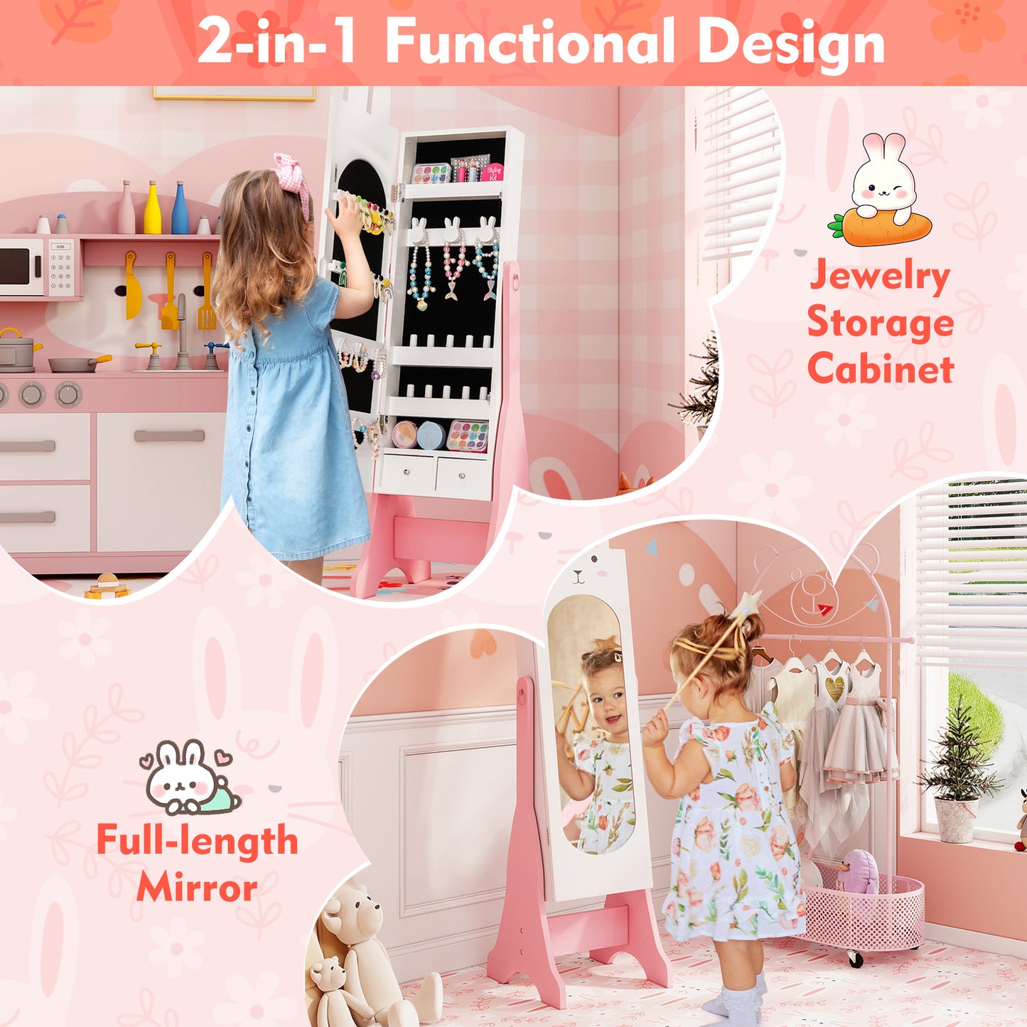 Kids Jewelry Armoire with Full-Length Mirror and 2 Drawers