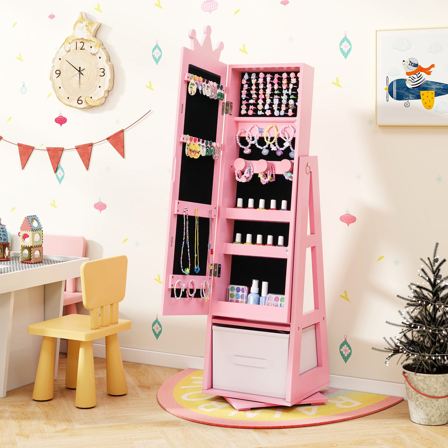Kids Jewelry Armoire Cabinet with Mirror and Swivel Base