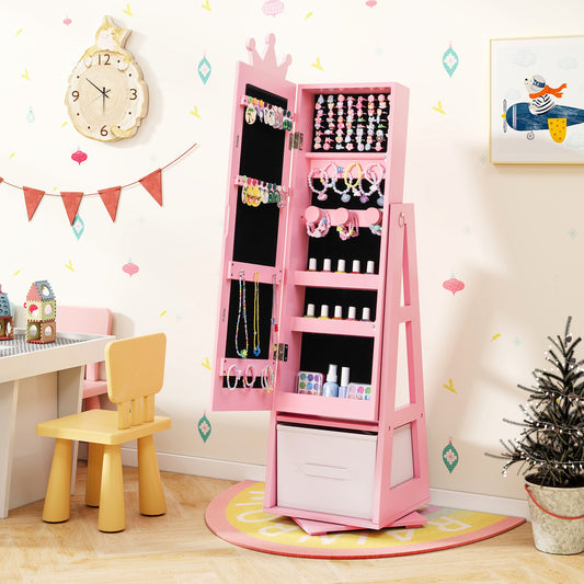 Kids Jewelry Armoire Cabinet with Mirror and Swivel Base