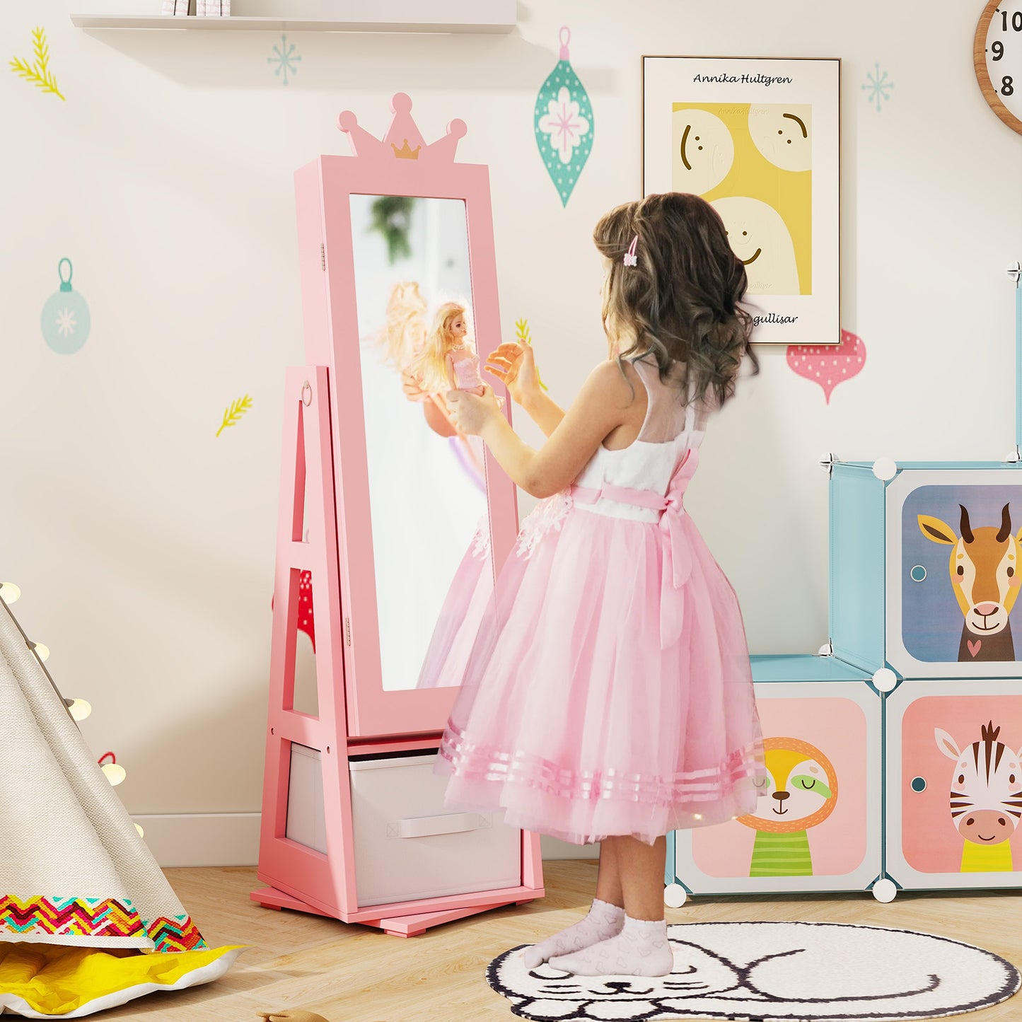 Kids Jewelry Armoire Cabinet with Mirror and Swivel Base
