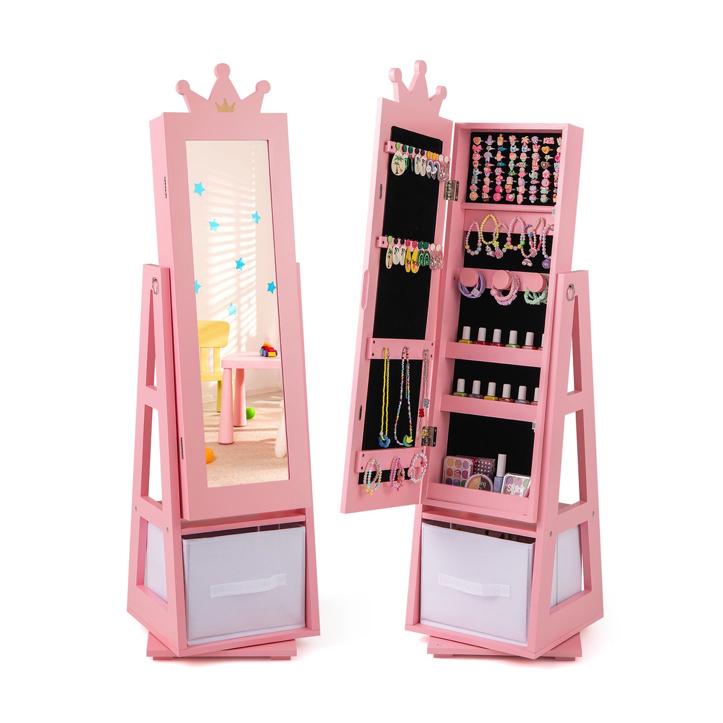 Kids Jewelry Armoire Cabinet with Mirror and Swivel Base