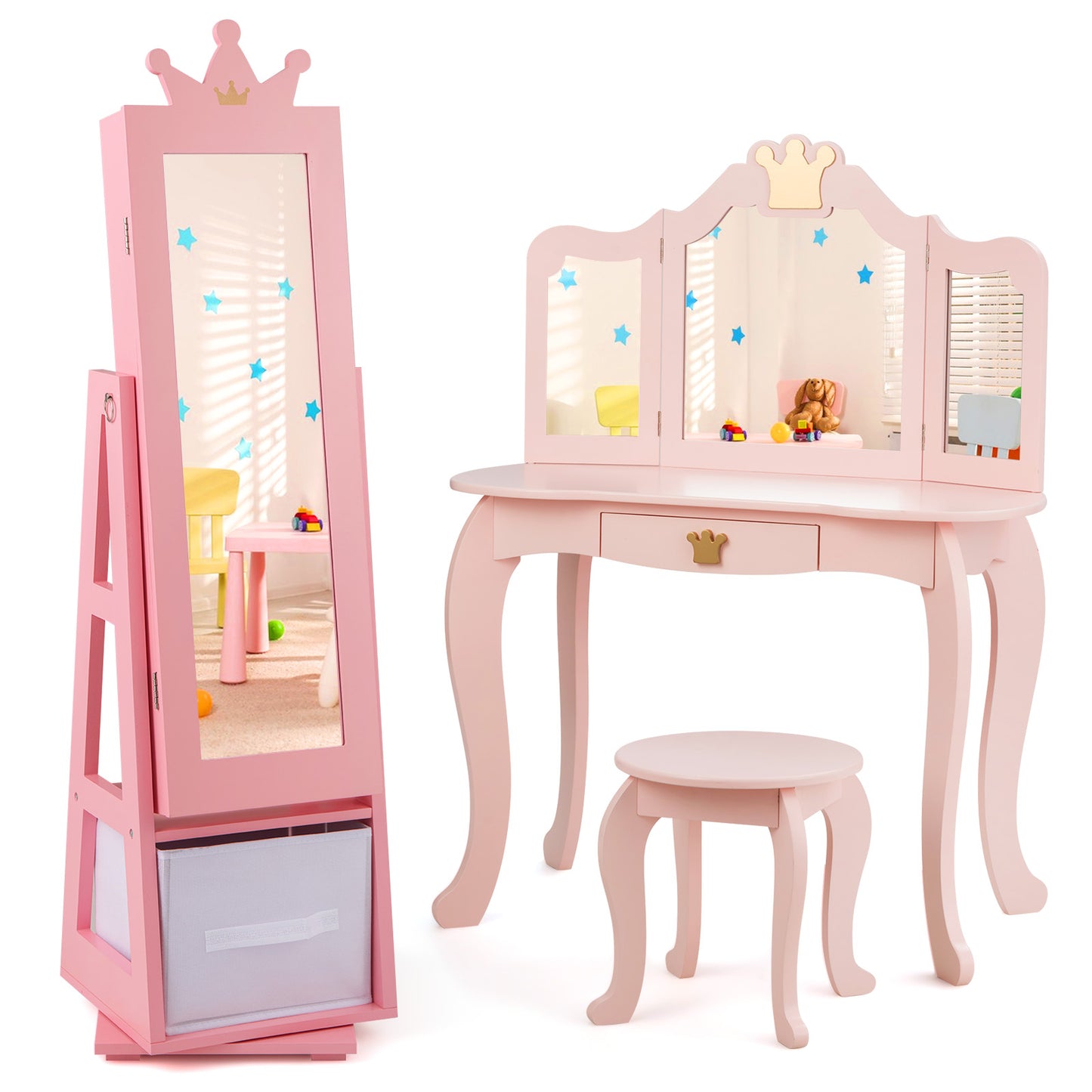Kids Jewelry Armoire Cabinet with Mirror and Swivel Base