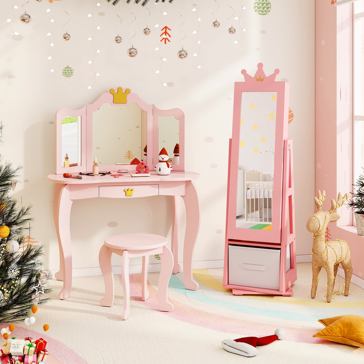Kids Jewelry Armoire Cabinet with Mirror and Swivel Base