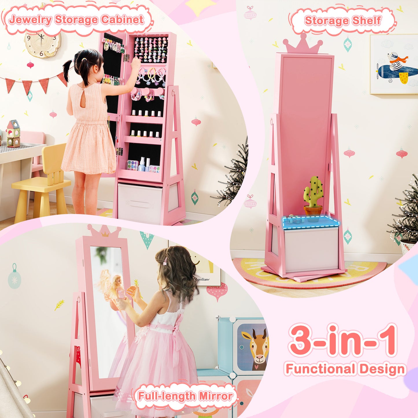 Kids Jewelry Armoire Cabinet with Mirror and Swivel Base