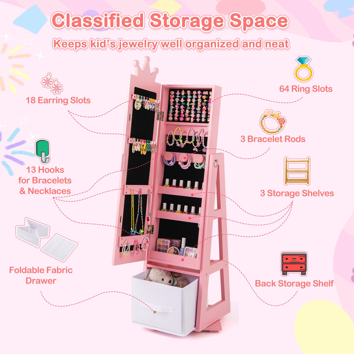 Kids Jewelry Armoire Cabinet with Mirror and Swivel Base