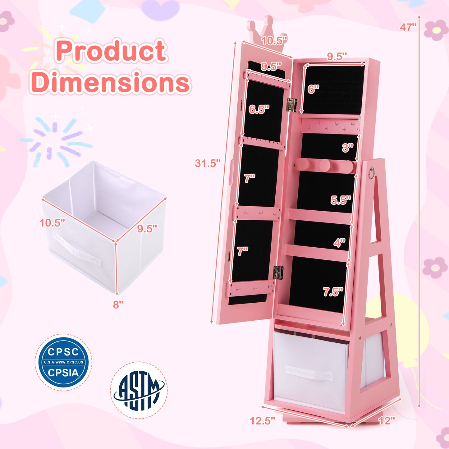Kids Jewelry Armoire Cabinet with Mirror and Swivel Base
