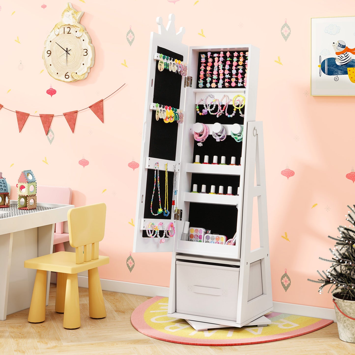 Kids Jewelry Armoire Cabinet with Mirror and Swivel Base