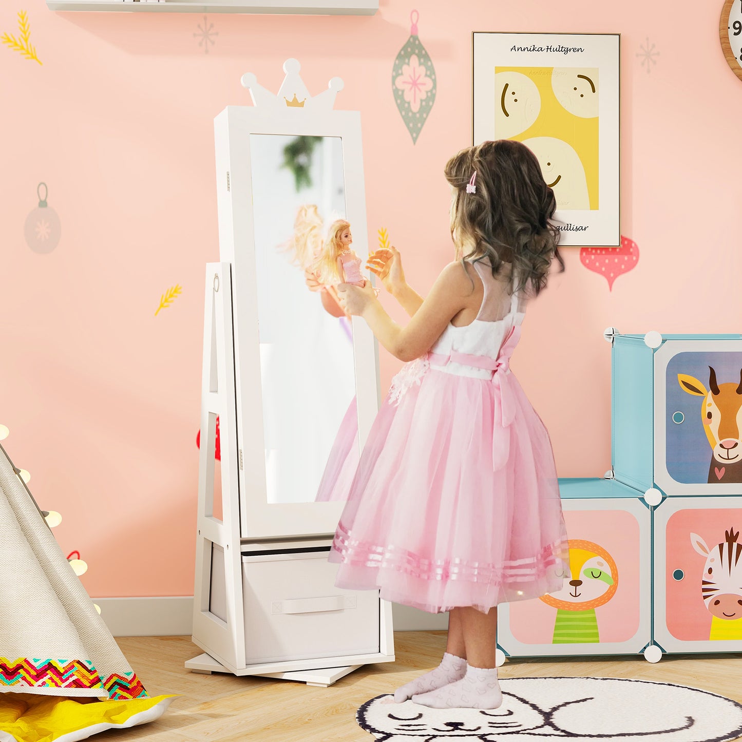 Kids Jewelry Armoire Cabinet with Mirror and Swivel Base