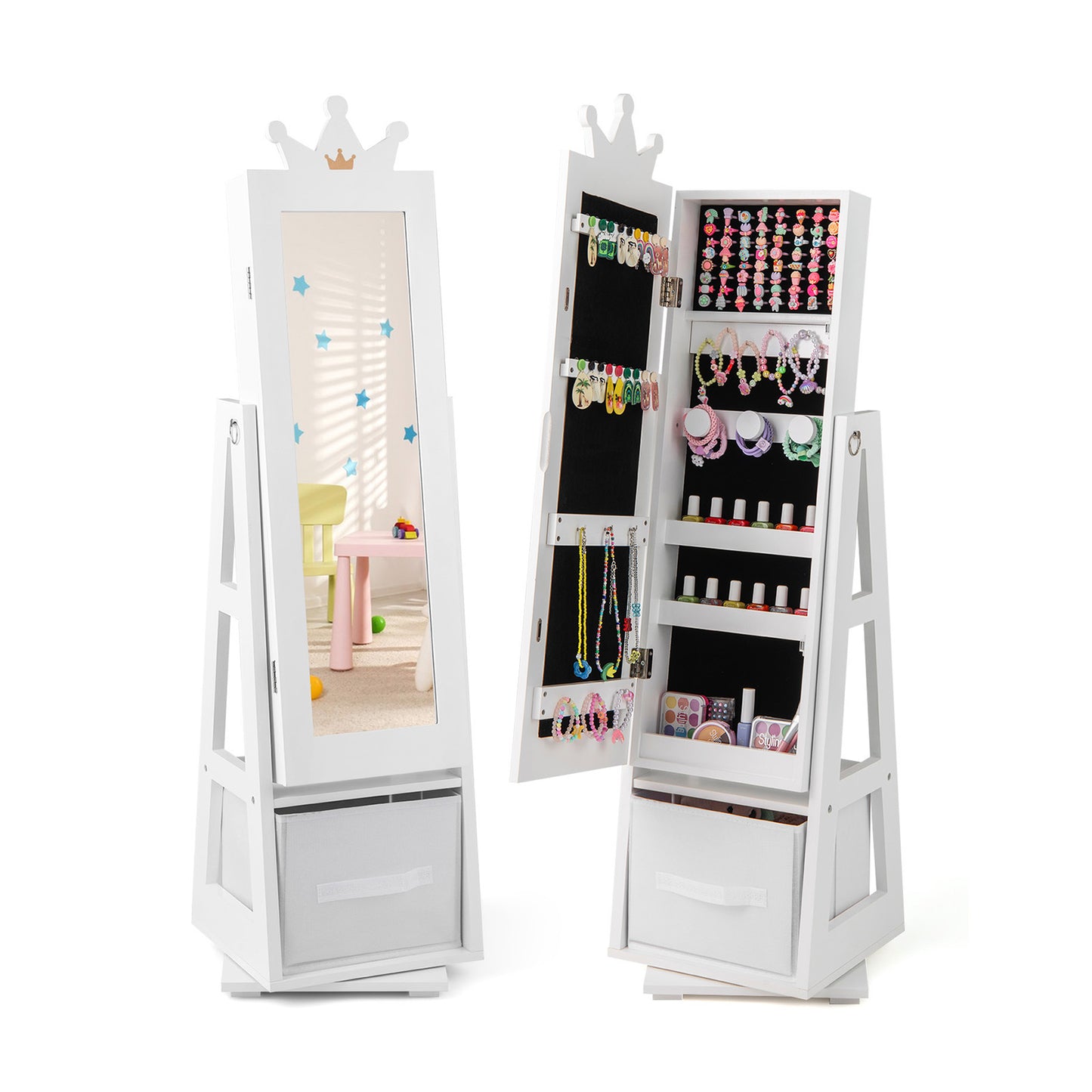 Kids Jewelry Armoire Cabinet with Mirror and Swivel Base